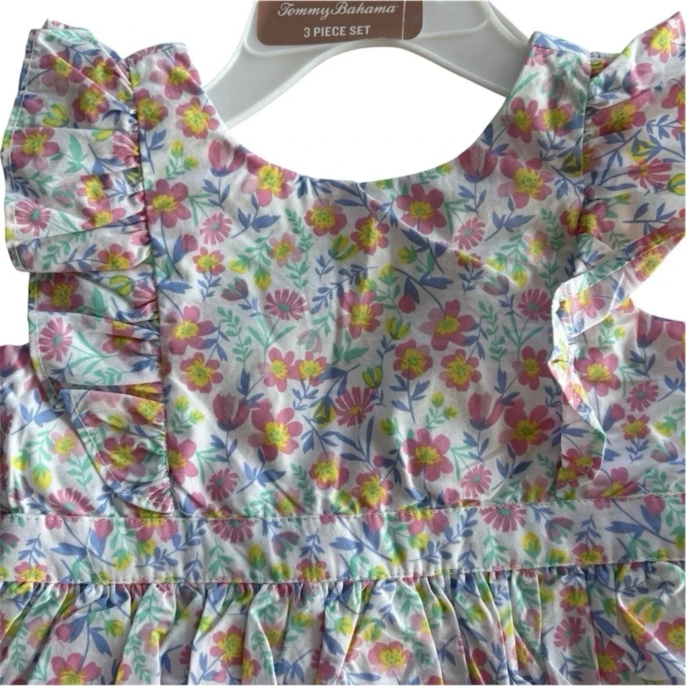 Tommy Bahama Floral 3‎ Piece Pinafore Dress Set Headband Bloomers Baby Girl 6-9M